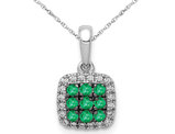 1/6 Carat (ctw) Natural Cluster Emerald Halo Pendant Necklace in 14K White Gold with Chain and Accent Diamonds